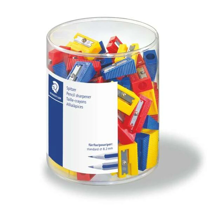 Staedtler Pack de 100 Sacapuntas de Plastico - 1 Agujero - Angulo de Afilado de 23° - Colores Surtidos 1