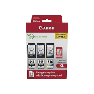 Canon PG545XL Negro + CL546XL Color Pack de 3 Cartuchos de Tinta Originales + 50 Hojas de Papel Fotografico - 8286B015