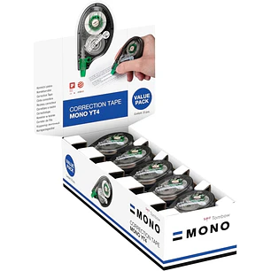 Tombow Mono YT Expositor con 20 Cintas Correctoras - 4.2mm x 10m - PET Resistente al Desgarro - Secado Inmediato - Color Transparente
