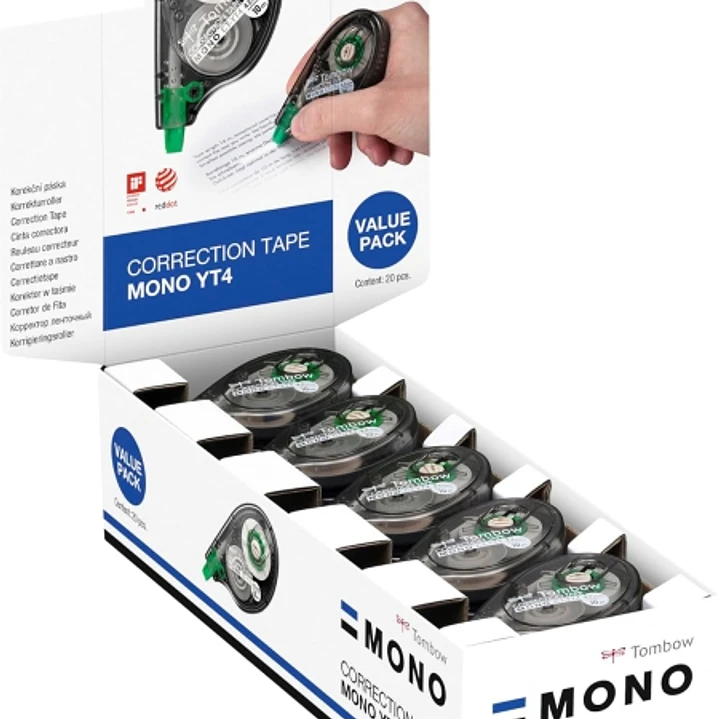 Tombow Mono YT Expositor con 20 Cintas Correctoras - 4.2mm x 10m - PET Resistente al Desgarro - Secado Inmediato - Color Transparente 1