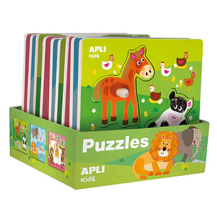 Apli Expositor de Puzles de Madera Encajables Tematica Infantil Animales - 20x20 cm - 9 Puzles con Guia Impresa - Alto Valor Didactico - Exclusiva Ilu