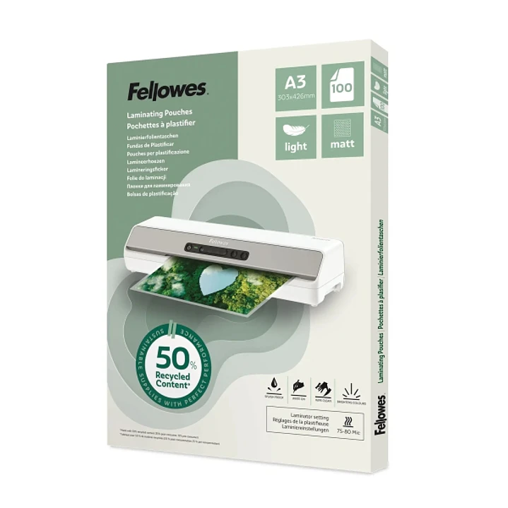 Fellowes Pack de 100 Fundas para Plastificar - Formato A3 - 80 micras - Efecto Mate - Fabricado con 50% Material Reciclado - Transparente 1