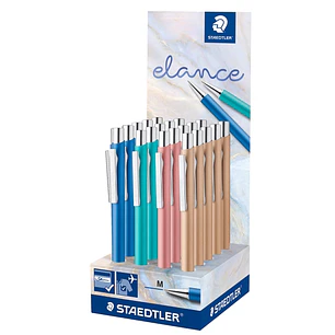 Staedtler Elance Expositor con 20 Boligrafos Retractiles - Tinta Azul - Ancho de Linea M - Colores Surtidos