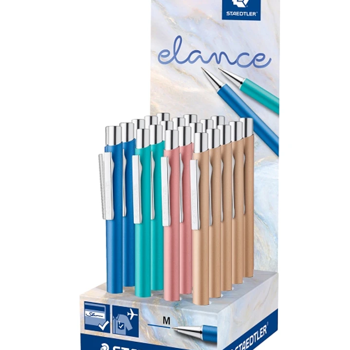 Staedtler Elance Expositor con 20 Boligrafos Retractiles - Tinta Azul - Ancho de Linea M - Colores Surtidos 1
