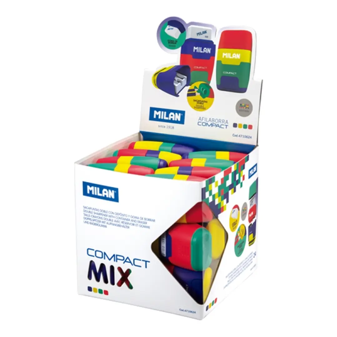 Milan Compact Mix Expositor con 24 Afilaborras - Goma Miga de Pan - Deposito Integrado - Cuchilla de Acero de Seguridad - Colores Surtidos 1