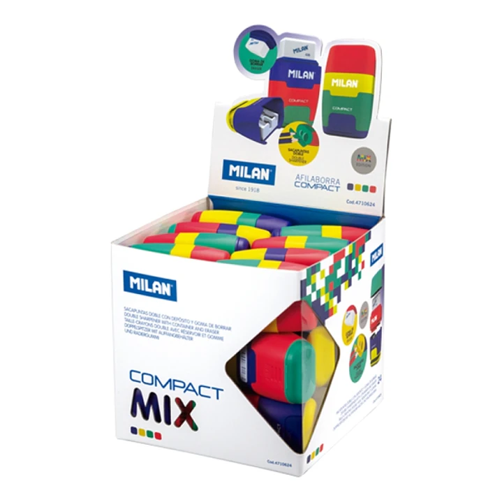 Milan Compact Mix Expositor con 24 Afilaborras - Goma Miga de Pan - Deposito Integrado - Cuchilla de Acero de Seguridad - Colores Surtidos 1