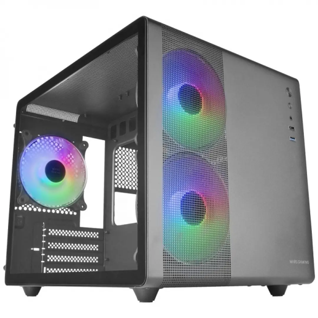 Mars Gaming MC-400 Caja Gaming Compacta - Doble Camara - Triple Refrigeracion FRGB - Ventana Cristal Templado - Panel Lateral Malla - Soporte Liquido  1