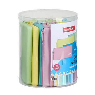 Safta Pack de 12 Estuches Planos - Caja Cilindrica de PVC Transparente - Silicona de Alta Calidad - Flexible - Facil de Limpiar - 195x230mm - Colores 