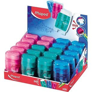 Maped Connect Duo Afilaborra de 2 Orificio con Goma de Borrar - Deposito de Gran Capacidad - Forma Ergonomica - Cuerpo Translucido de Colores Surtidos