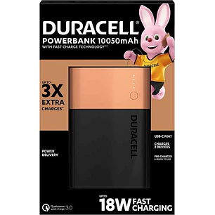 Duracell Bateria Externa/Power Bank 10050mAh PD 18W y QC 3.0 - 1x USB-A, 1x USB-C - Indicadores Led - 2 Dispositivos Simultaneamente