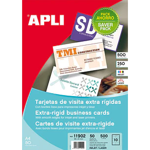 Apli Pack con 500 Tarjetas de Visita Mate - Cartulina de 250g/m² - 50 Hojas por 10 Tarjetas - Cantos Rectos - Color Blanco