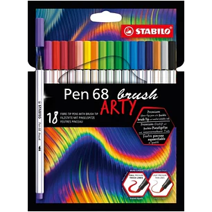 Stabilo Pen 68 Brush Arty Pack de 18 Rotuladores - Punta de Pincel - Tinta a Base de Agua - Colores Surtidos