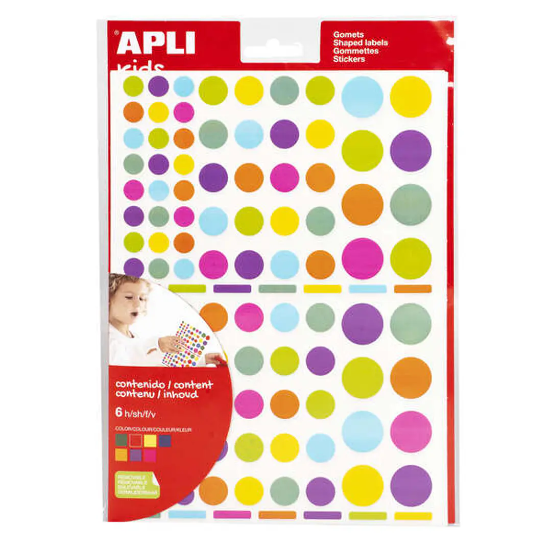 Apli Gomets Redondos Adhesivo Removible - Ø 10mm, Ø 14mm y Ø 20mm - 624 Gomets por Bolsa - Desarrollo de Habilidades y Creatividad - Adhesivo Base Agu 1