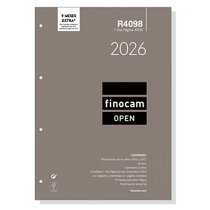 Finocam R4098 Recambio Anual 2026 para Agendas Open 2026 - Formato A4 - 210x17x297mm - 1 Dia por Pagina - Color Blanco