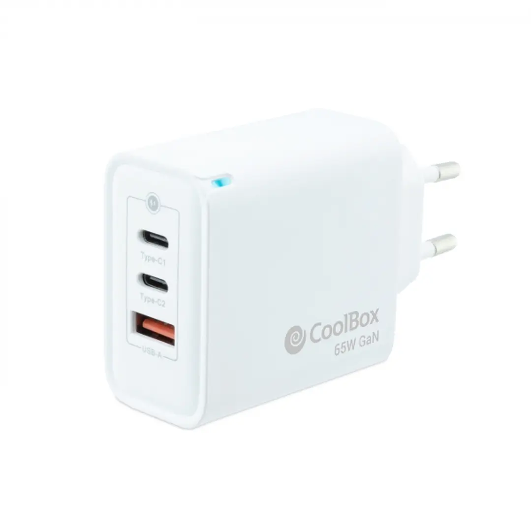 Coolbox Cargador de Pared 65W QC3.0 + PD - USB-A + 2xUSB-C - Carga Rapida - Tecnología GaN - Color Blanco 1