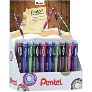 Pentel Fiesta II Expositor de 36 Portaminas HB 0.7mm con Goma - Incluye 2 Recargas - Grip de Goma - Diseño Ergonomico - Colores Surtidos