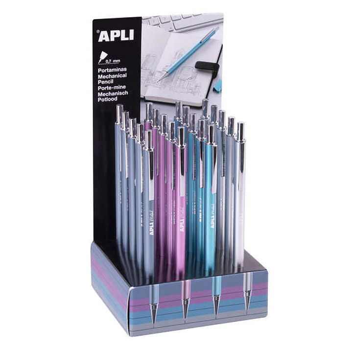 Apli Expositor de 20 Portaminas 0.7mm - Textura Soft - Capuchon y Goma de Borrar - Colores Metalizados Surtidos 1