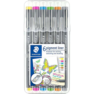 Staedtler Pigment Liner 308 Pack de 6 Rotuladores Calibrados - Trazo 0.5mm - Secado Rapido - Colores Surtidos