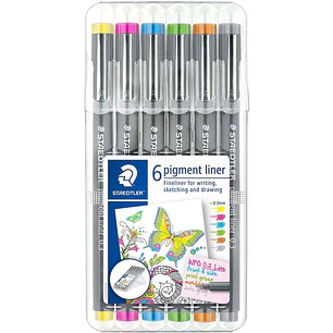 Staedtler Pigment Liner 308 Pack de 6 Rotuladores Calibrados - Trazo 0.3mm - Secado Rapido - Colores Surtidos