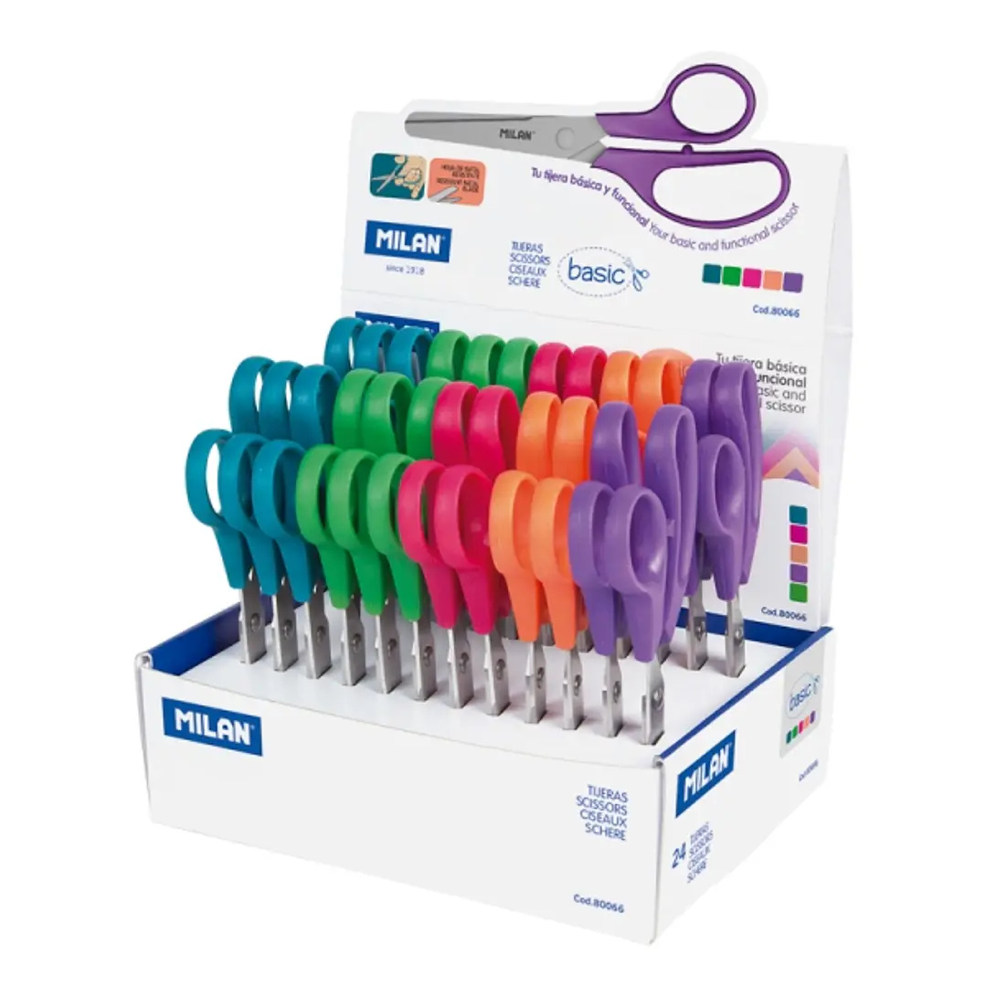 Milan Basic Expositor con 24 Tijeras Basic - Mango Ergonomico - Punta Redondeada - Acero Inoxidable de 13.4cm - Colores Surtidos 1