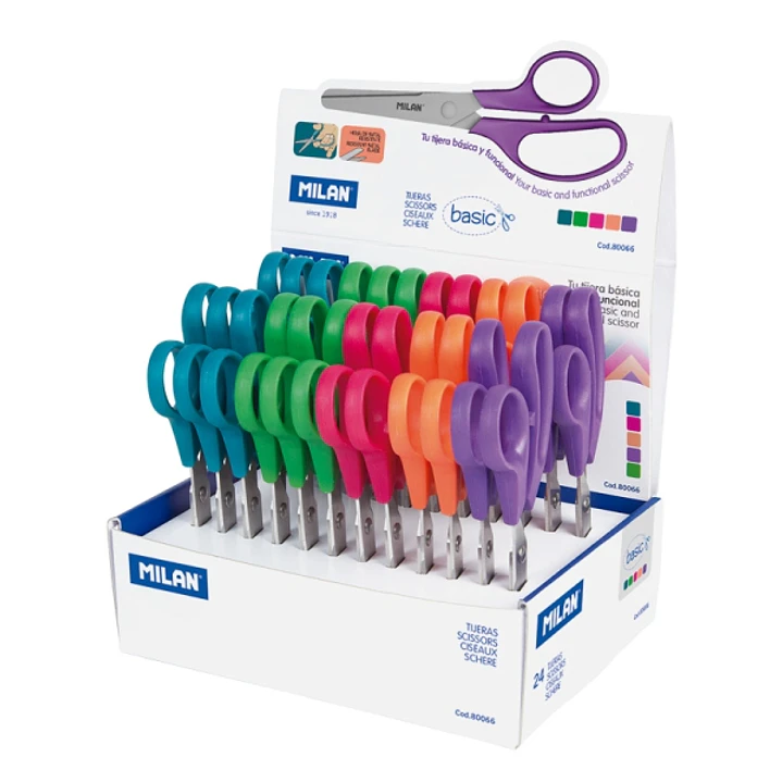 Milan Basic Expositor con 24 Tijeras Basic - Mango Ergonomico - Punta Redondeada - Acero Inoxidable de 13.4cm - Colores Surtidos 1