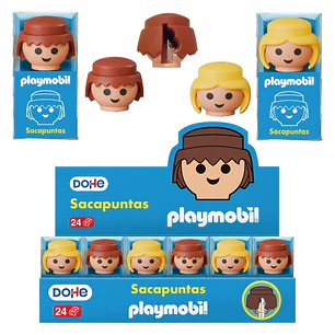 Dohe Playmobil Expositor de 24 Sacapuntas - 1 Orificio y Cuchilla de Acero - Con Forma de los Muñecos Playmobil