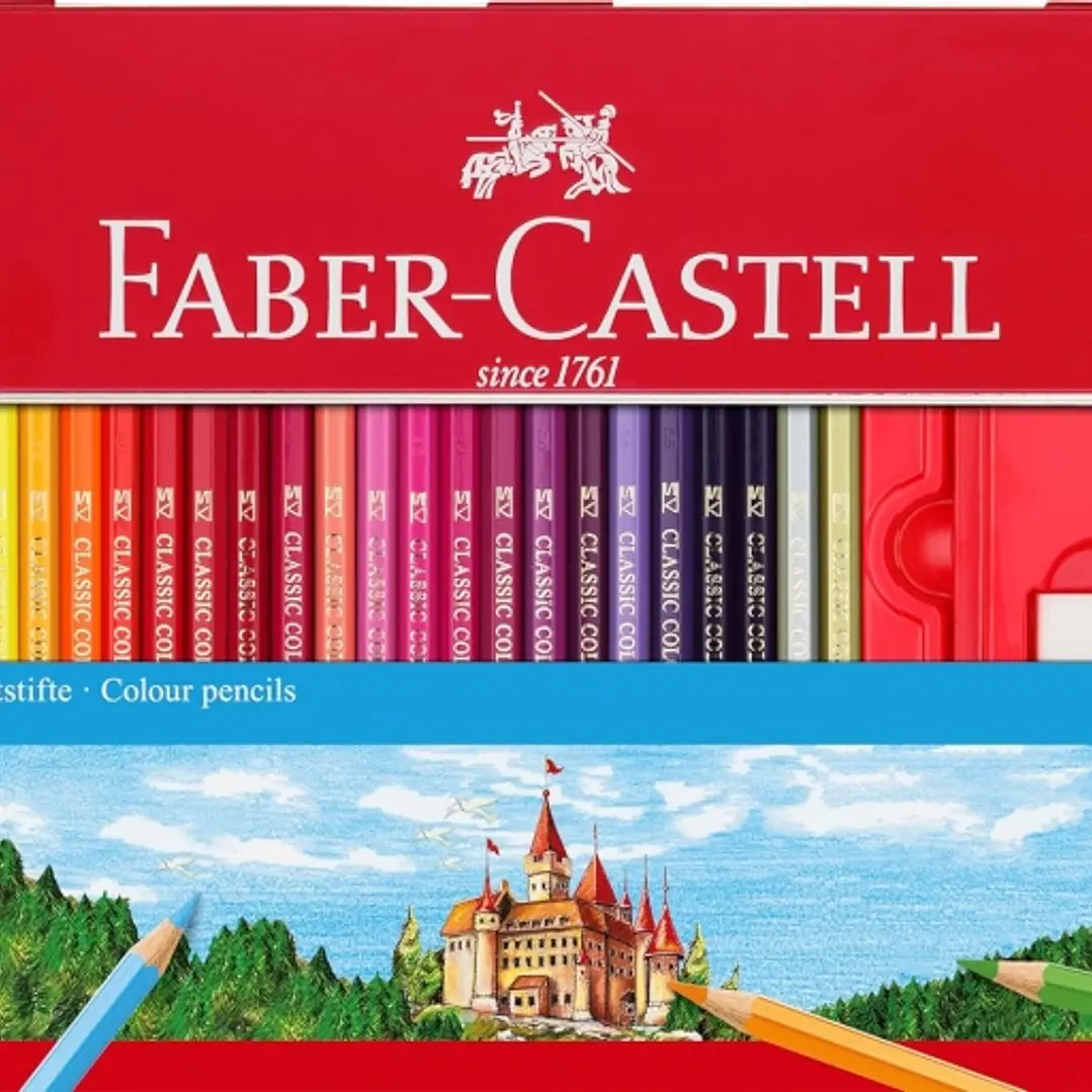 Faber-Castell Classic Colour Caja Metalica con 48 Lapices de Colores Hexagonales + 2 Lapices de Grafito, Goma de Borrar y Sacapuntas - Resistencia a l 1