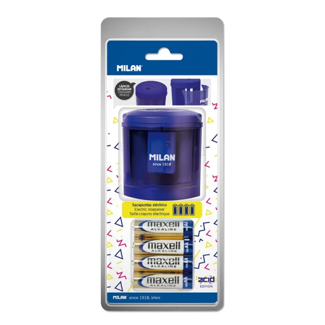Milan Power-Sharp Acid Sacapuntas Electrico - Pilas Incluidas - Deposito Integrado - Cuchilla de Acero al Carbono de Seguridad - Color Azul 1
