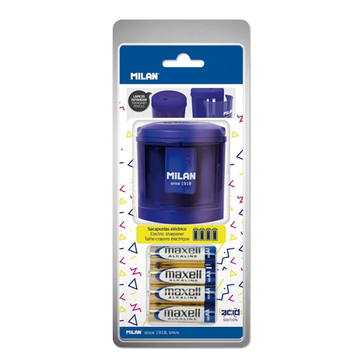 Milan Power-Sharp Acid Sacapuntas Electrico - Pilas Incluidas - Deposito Integrado - Cuchilla de Acero al Carbono de Seguridad - Color Azul 1