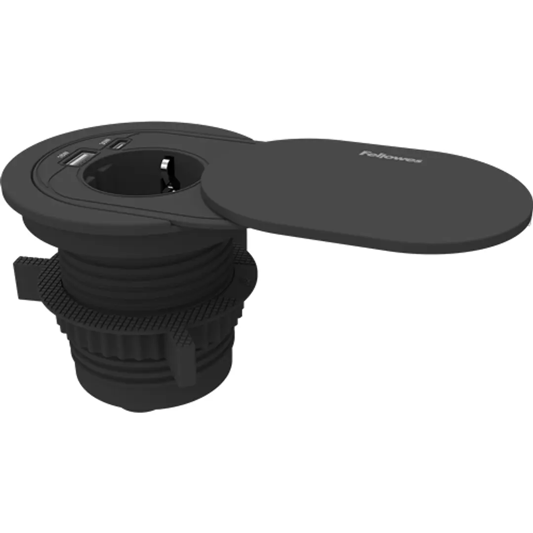 Fellowes Toma Electrica Empotrada para Orificios Pasacables de 60 y 80mm - Schuko - USB-C - Cable 2m - Tapa Protectora Deslizante - 9.15x11.5x9.03cm - 1