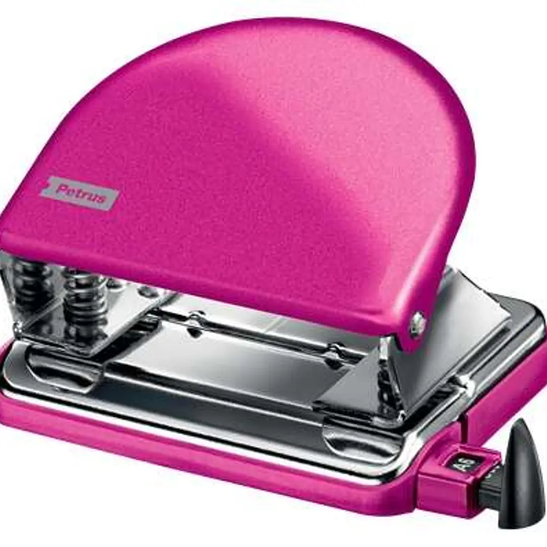 Petrus 52 WOW Taladro Perforador Clasico Metalico - Hasta 20 Hojas - Marcas de Formato - Facil Vaciado - Punzones 5.5mm - Color Fucsia 1