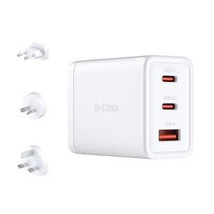 D-Link Cargador de Pared GaN de 65W - 2 USB-C y 1 USB-A - Conectores Intercambiables - Color Blanco