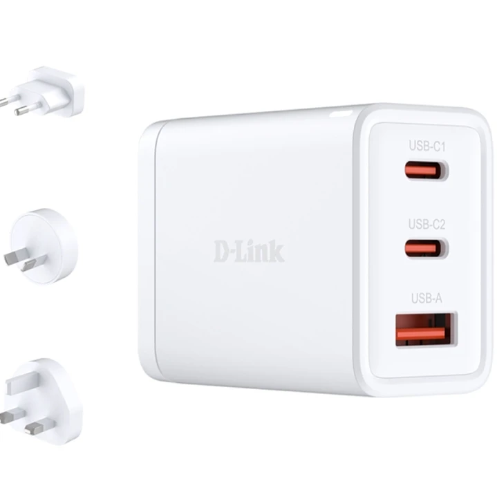 D-Link Cargador de Pared GaN de 65W - 2 USB-C y 1 USB-A - Conectores Intercambiables - Color Blanco 1
