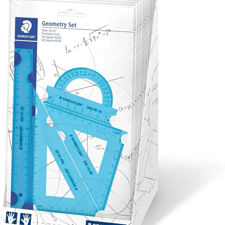 Staedtler Expositor con 18 Packs de Reglas - El Pack incluye Regla Recta 20cm, Transportador, Escuadra 60/30 Grados y Cartabon 45 Grados - Colores Neo 1
