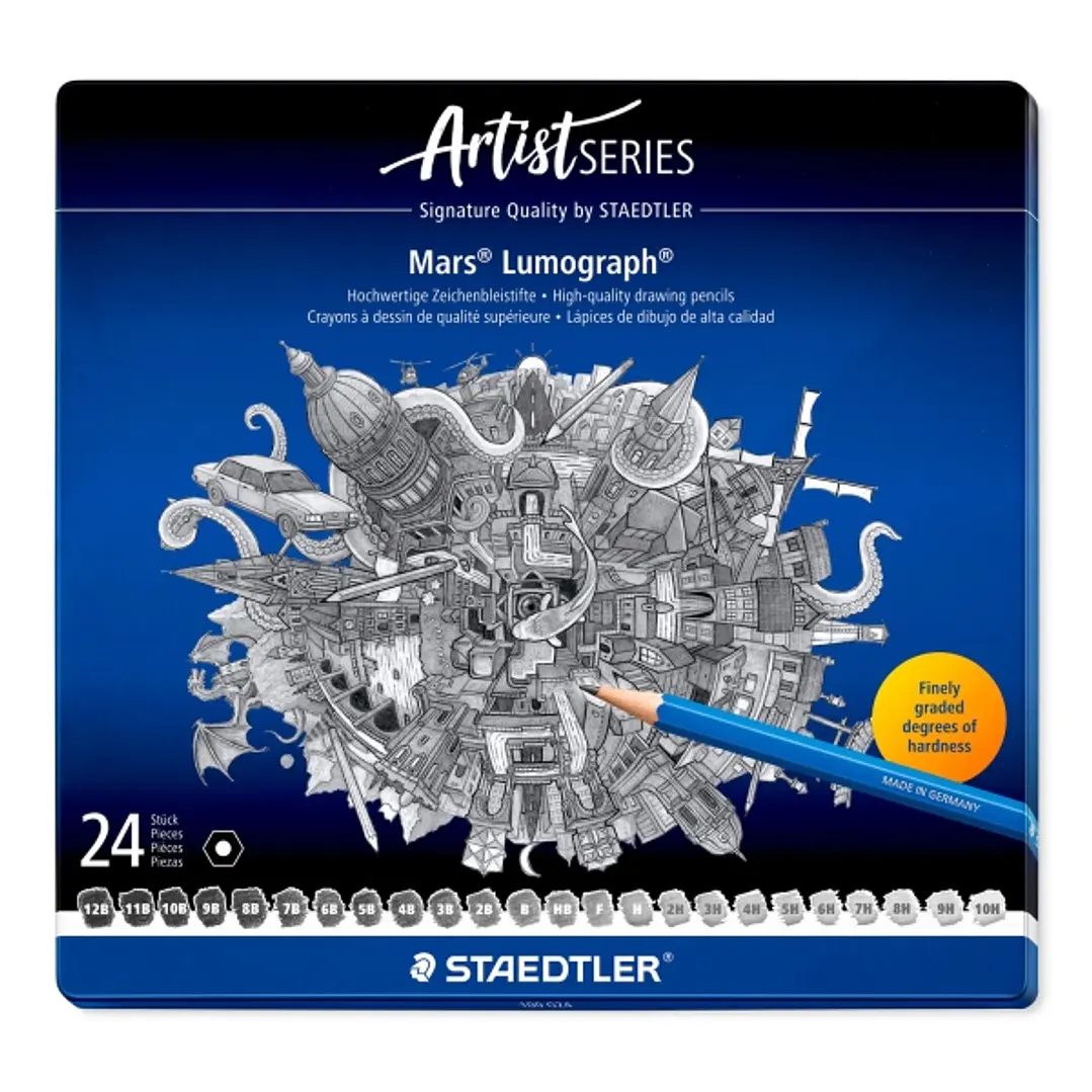 Staedtler Mars Lumograph 100 Caja Metalica con 24 Lapices de Grafito de Graduaciones Surtidas - Alta Resistencia a la Rotura - Madera de Bosques Certi 1