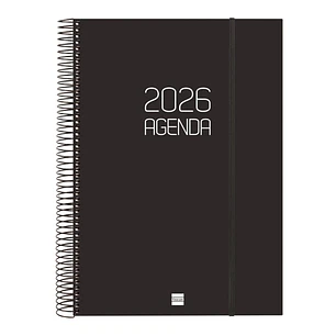 Finocam Opaque Agenda de Espiral - Anual 2026 - Tapa Ligera - Cierre con Goma Elastica - Formato E40 - 230x29x297mm - 1 Dia por Pagina - Color Negro
