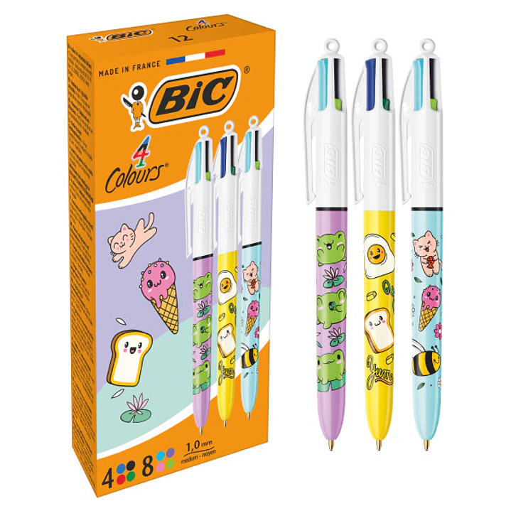 Bic 4 Colours Decors Kawaii Boligrafo de Bola Retractil - Punta Media de 1.0mm - Tinta con Base de Aceite - Cuerpo Decorado con Dibujos Kawaii - 4 Col 1