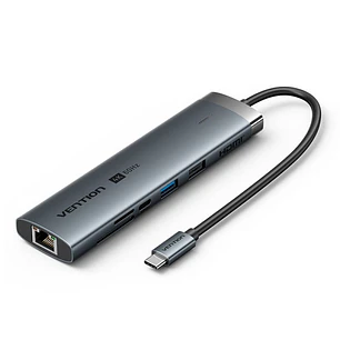 Vention Estacion de Docking 8 en 1 - 100W - Cable USB-C de 15cm Integrado - Ethernet RJ45 - HDMI 4K - 2xUSB-C - Tarjeta TF - SD - 2xUSB-A - Power Deli