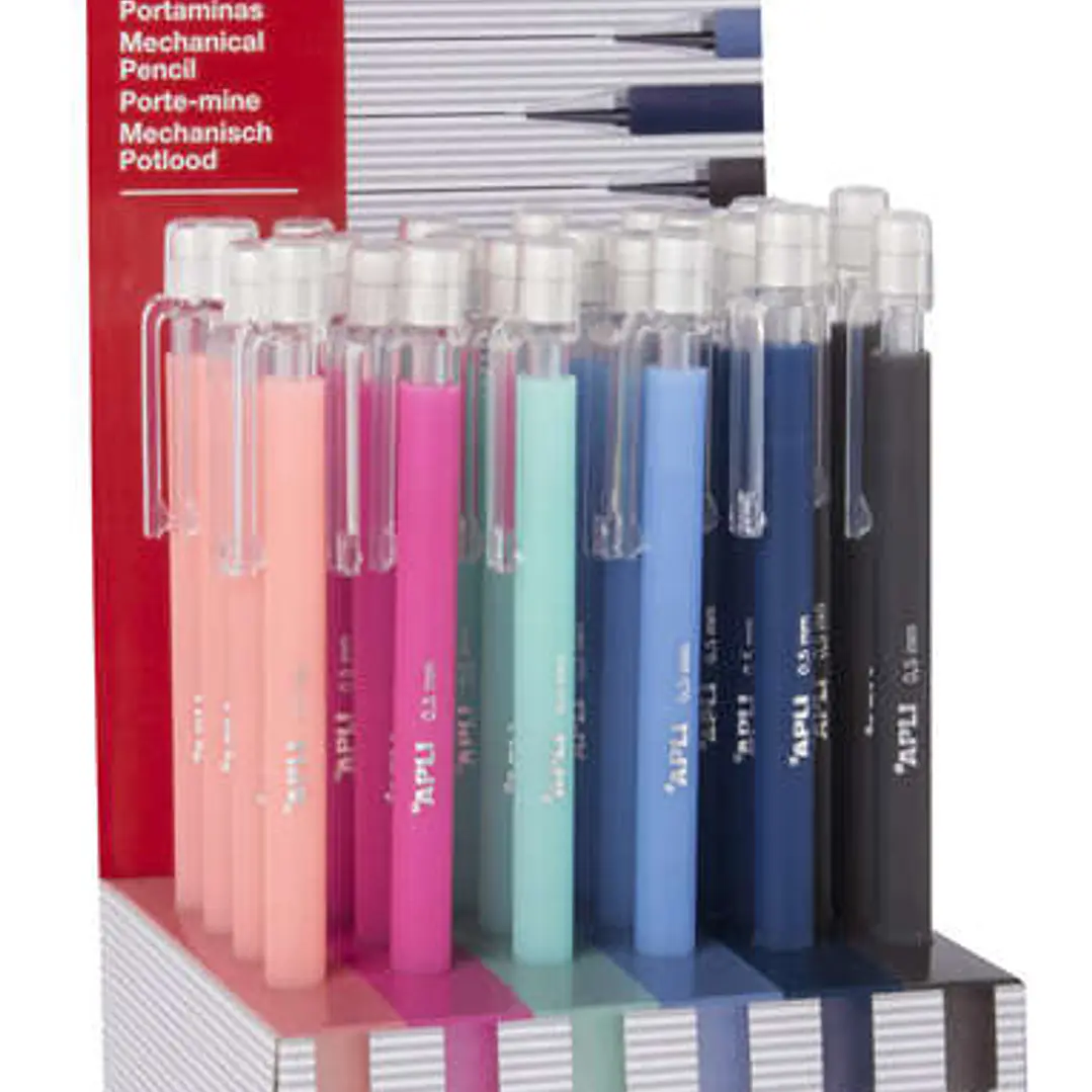 Apli Expositor Portaminas Soft Nordik 0.5mm - Colores Salmon, Rosa, Turquesa, Azul, Azul Marino y Negro - Capuchon con Tapon Transparente y Goma de Bo 1