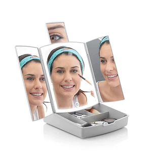 Innovagoods Panomir Espejo con Organizador de Maquillaje 3 en 1 - Inalambrico - Luz LED - 4 Compartimentos - Plegable - Pies Antideslizantes - 38.5x33