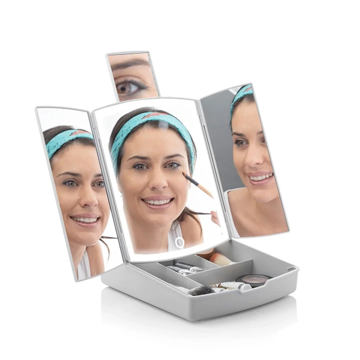 Innovagoods Panomir Espejo con Organizador de Maquillaje 3 en 1 - Inalambrico - Luz LED - 4 Compartimentos - Plegable - Pies Antideslizantes - 38.5x33 1