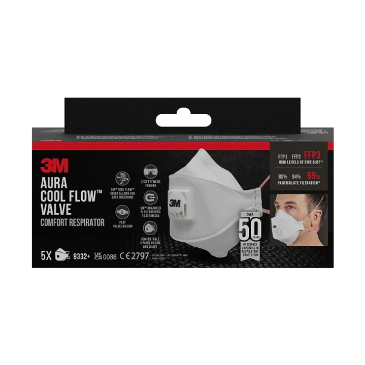 3M Aura Comfort Cool Flow Pack de 5 Mascarillas para Particulas FFP3 - Desechable - con Valvula - para Altos Niveles de Particulas - Color Blanco 1