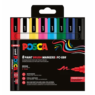 Posca PC-5BR Pack de 8 Marcadores de Pintura - Punta Brush 1-4mm - Tinta Base al Agua - Resistente a la Luz - No Permanente - Colores Surtidos