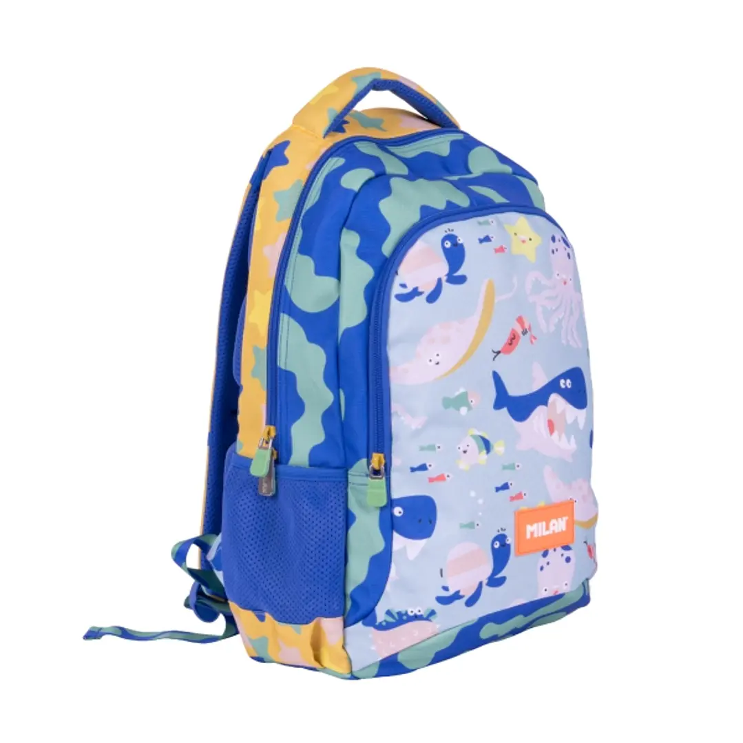 Milan Blue Odyssey Mochila Escolar 21L - Bolsillos Laterales de Malla - Compartimento Interior para Portatil - 2 Cremalleras - 45x30x12cm - Multicolor 1
