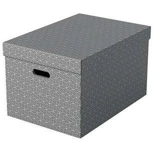 Esselte Pack de 3 Cajas Grandes de Almacenamiento con Tapa 355x305x510mm - Carton 100% Reciclado y Reciclable - Asas Integradas - Diseño Gris con Dibu
