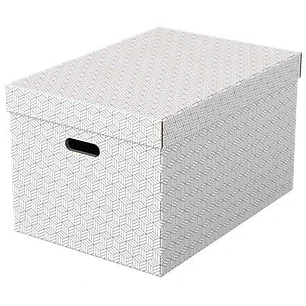 Esselte Pack de 3 Cajas Grandes de Almacenamiento con Tapa 355x305x510mm - Carton 100% Reciclado y Reciclable - Asas Integradas - Diseño Blanco con Di