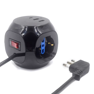 Ewent Regleta con 6 Tomas de Sobremesa en Forma de Cubo - 3 Tomas L/F (Schuko) - 2x USB-A - 1x USB-C - Enchufe Italiano Plano en Angulo - Interruptor 