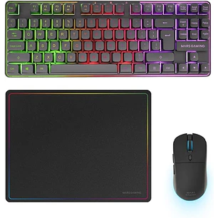 Mars Gaming MCPWTKL Combo Pack Gaming 3en1 - Teclado Hibrido H-Mech Formato TKL - Disposicion Internacional QWERTY US - Raton 3200dpi - Switches HUANO
