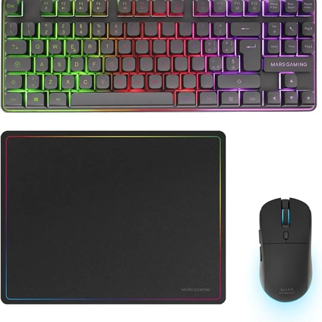 Mars Gaming MCPWTKL Combo Pack Gaming 3en1 - Teclado Hibrido H-Mech Formato TKL - Disposicion Italiana QWERTY IT - Raton 3200dpi - Switches HUANO - Co 1