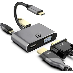 Ewent Hub 4 en 1 - HDMI - VGA - USB 3.2 Gen1 - USB-C PD 60W - Color Aluminio